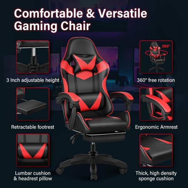 Gogoya High-Back Gaming Chair with Footrest, Headrest & Lumbar Support - Adjustable, Padded Office Computer Chair in Black with Red Accents, Metal Frame for Ergonomic Comfort, Gaming Chair for Adults - Image 6