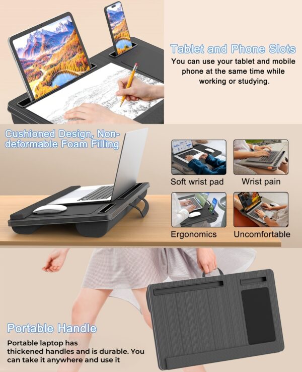 Laptop Desk, Portable Large Lap Desks for Adults for Bed, Up to Lap Pillow with Wrist Rest, Mouse Pad, Tablet Phone Slot, Portable Handle, Lap Desk for Laptop with Cushion﻿, Desk & Drawer Organizer for Home Storage - Image 14