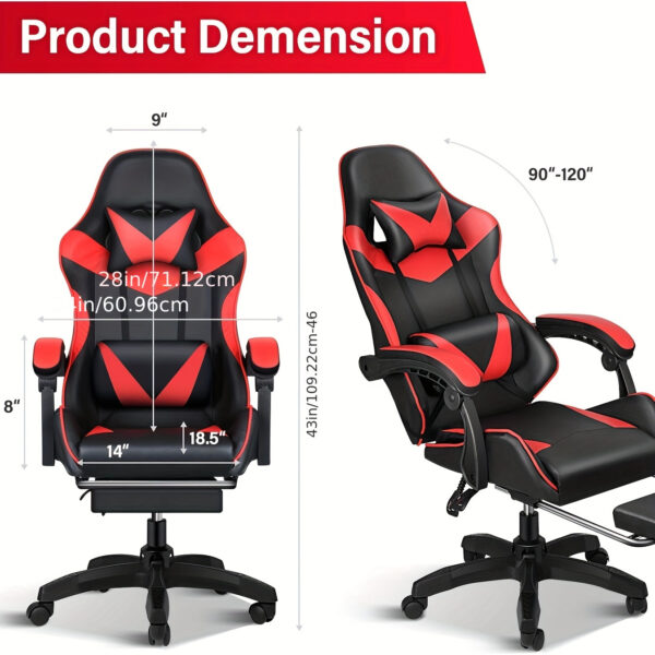 Gogoya High-Back Gaming Chair with Footrest, Headrest & Lumbar Support - Adjustable, Padded Office Computer Chair in Black with Red Accents, Metal Frame for Ergonomic Comfort, Gaming Chair for Adults - Image 8