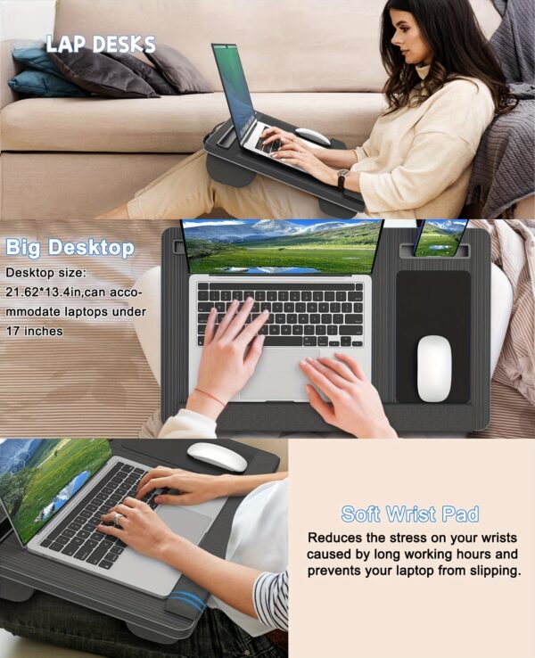 Laptop Desk, Portable Large Lap Desks for Adults for Bed, Up to Lap Pillow with Wrist Rest, Mouse Pad, Tablet Phone Slot, Portable Handle, Lap Desk for Laptop with Cushion﻿, Desk & Drawer Organizer for Home Storage - Image 13